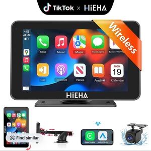 HiEHA 7" Wireless Apple CarPlay Android Auto Screen + Backup Cam